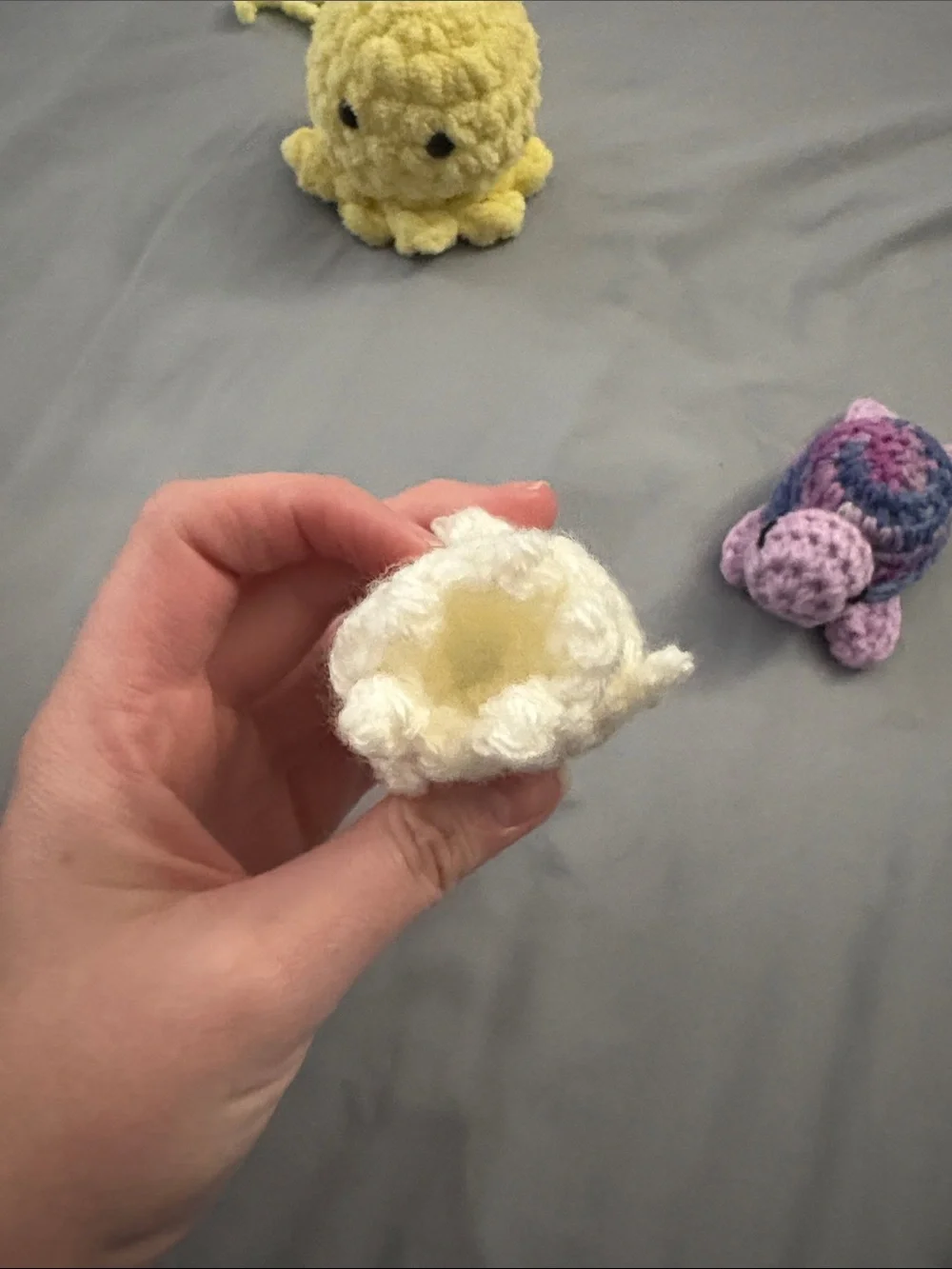 Handmade Crochet Plush Trio - Yellow Octopus, Purple Turtle, Cream fish
